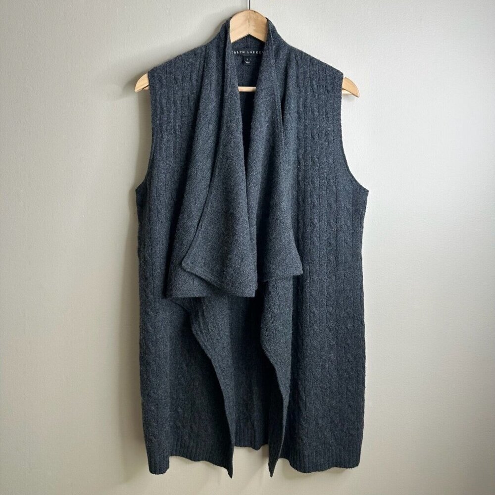 Ralph Lauren Black Label Open Cardigan Sweater Sz L Gray Cable Knit Cashmere Lux